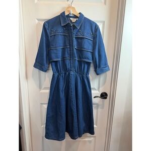 Halmode Petites Vintage Blue Denim Studded Western Shirt Dress Elastic Waist M
